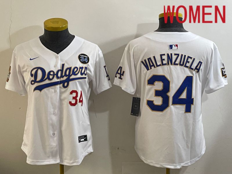 Women Los Angeles Dodgers #34 Valenzuela White Gold Game 2024 Nike MLB Jersey style 1120